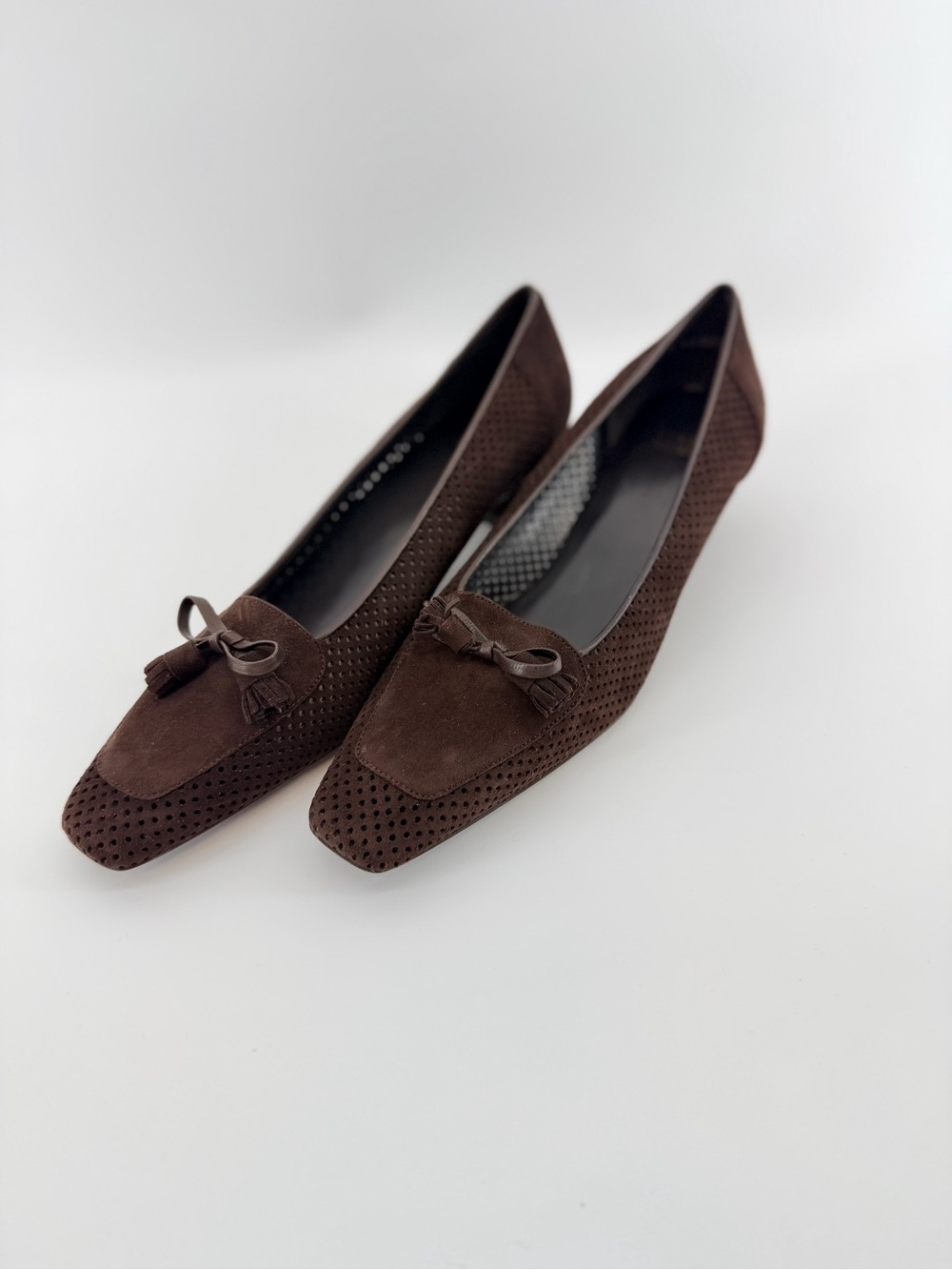 9N Stuart Weitzman Perforated Brown Suede Tassel Heels
